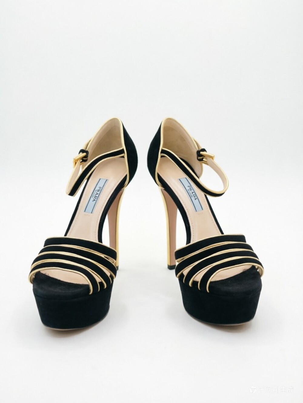 Prada Black/Gold Suede And Leather Open Toe Ankle Strap Platform Sandals - Picture 2 of 11